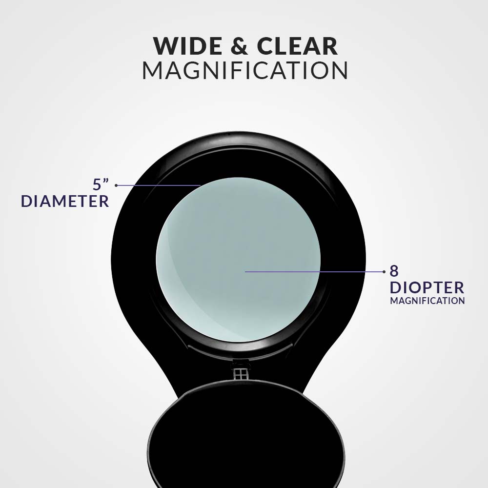 5" Wide Diameter Lens, 8 Diopter, 1,200 Lumens Super LED Magnifying Lamp with Clamp for Reading, Sewing, Crafting - Black