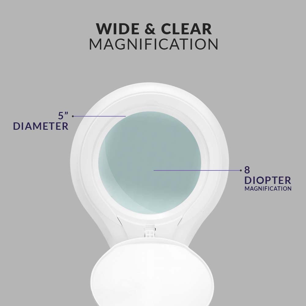5" Wide Diameter Lens, 8 Diopter, 1,200 Lumens Super LED Magnifying Lamp with Clamp for Reading, Sewing & Crafting - White