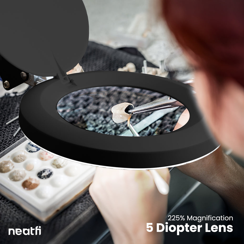 5" Lens LED Magnifying Lamp with Clamp, 5 Diopter Magnification, Adjustable Color Temperature - Black