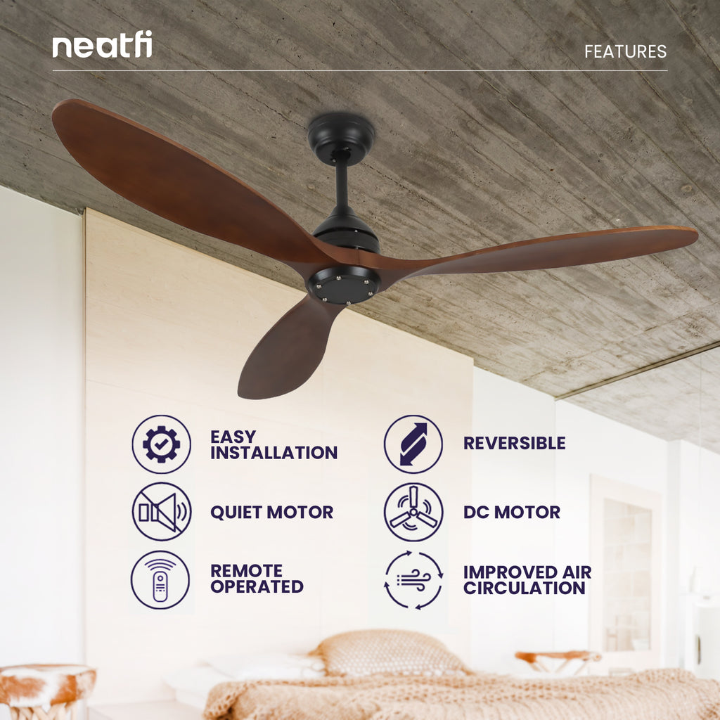 52-inch Farmhouse Solid Wood Downrod Ceiling Fan, 3 Solid Wood Blades - Dark Wood