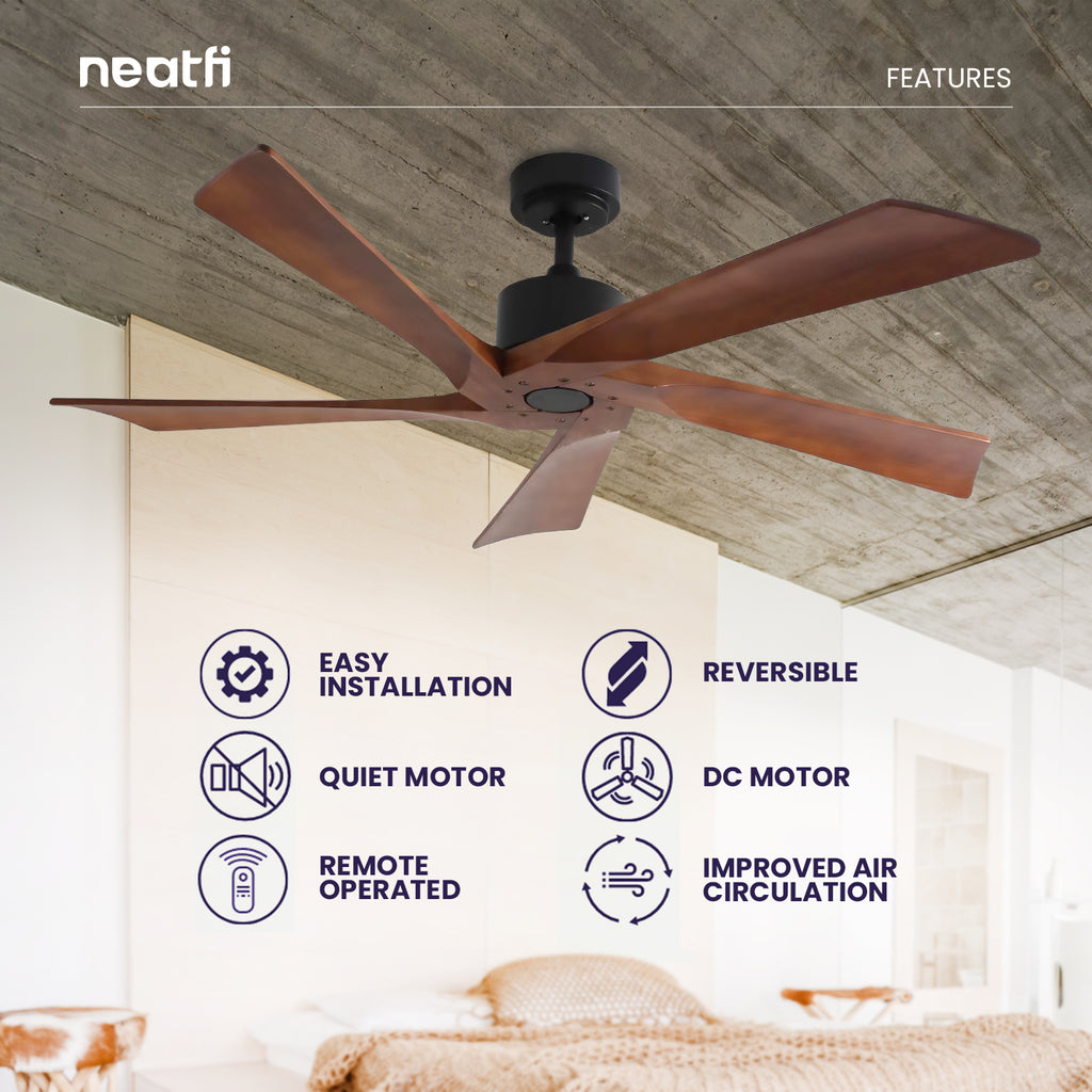 54-inch Industrial Downrod Ceiling Fan, 5 Solid Wood Blades - Dark Wood