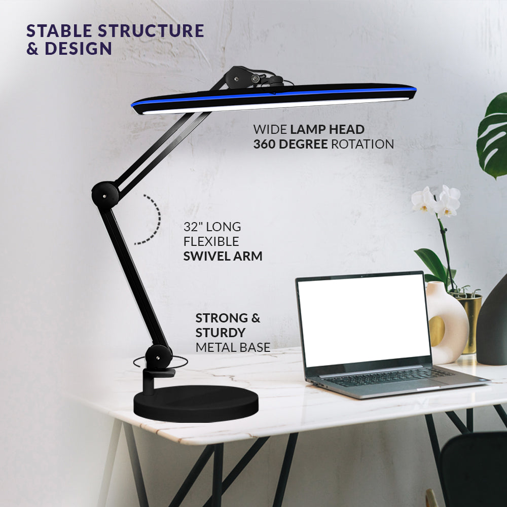 23” Wide Shade XL LED Desk Lamp with Base – 2,200 Lumens, Dimmable, Adjustable for Home, Office, Crafts, Nails & Hobbies – Black