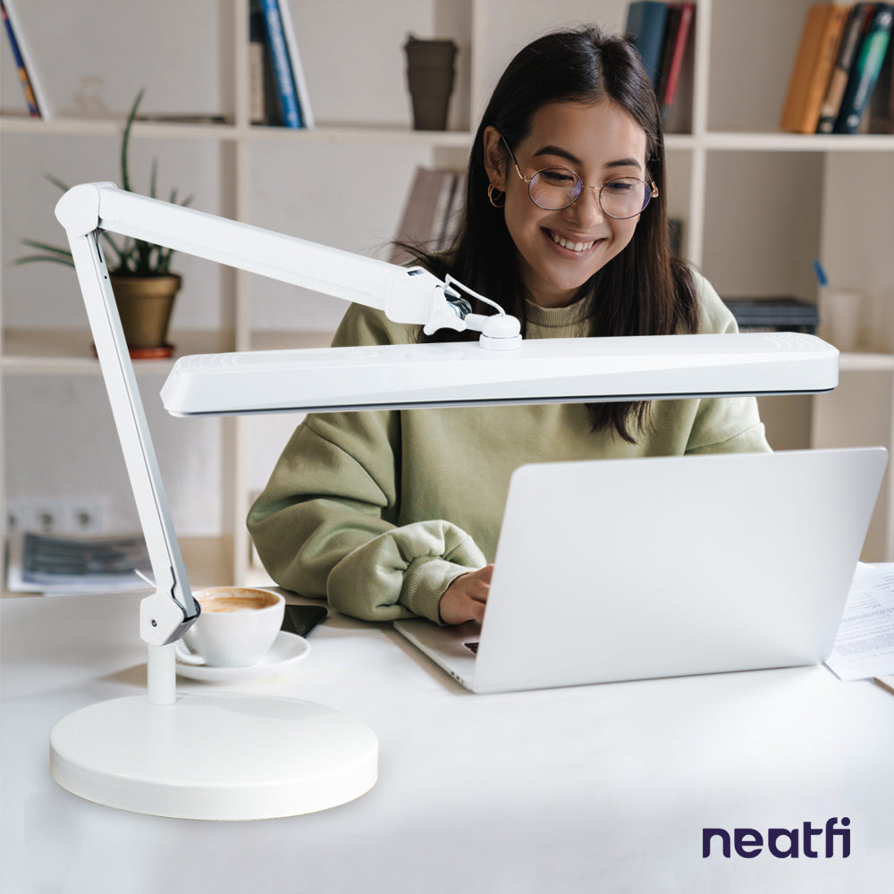 22” Wide Shade XL 2,500 Lumens LED Desk Lamp with Base, Dimmable Computer Light, Adjustable Desk Light for Home, Office, Crafts, Nails & Hobbies - White