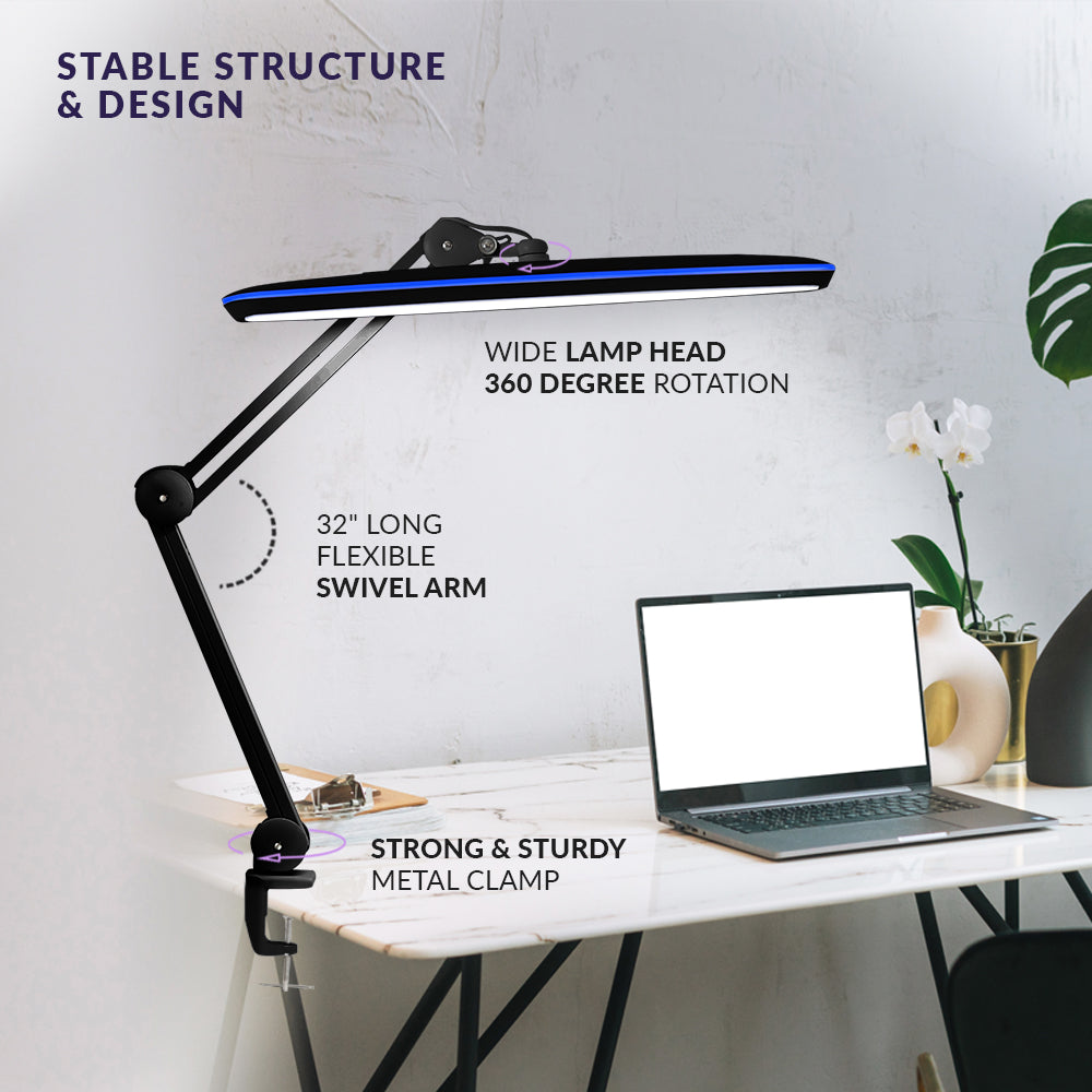 23" Wide Shade XL 2,200 Lumens LED Task Lamp with Clamp, 3 Adjustable Light Modes - Black