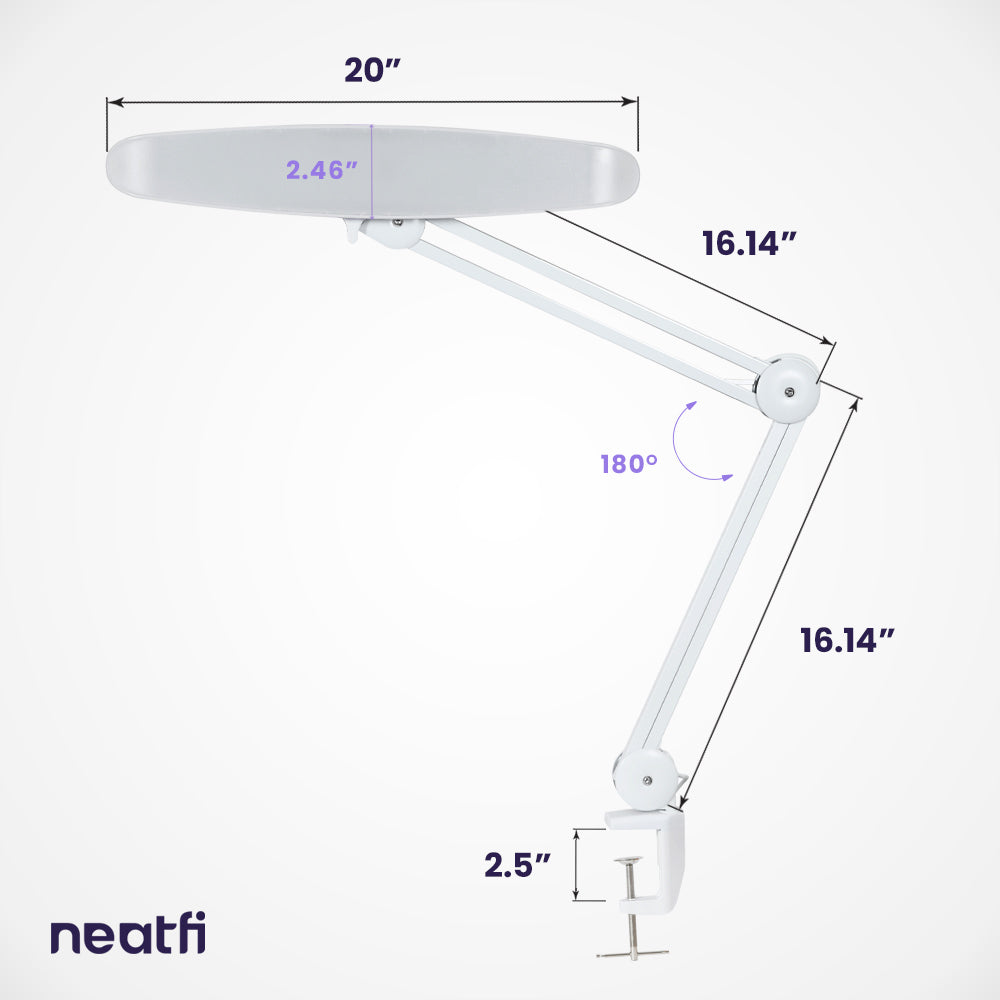 20” Wide Shade XL LED Desk Lamp with Clamp – 2,200 Lumens, Dimmable, Adjustable for Home, Office, Crafts, Nails & Hobbies – White