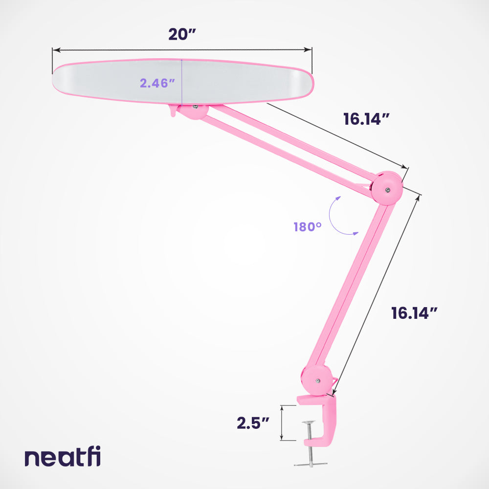20” Wide Shade XL LED Desk Lamp with Clamp – 2,200 Lumens, Dimmable, Adjustable for Home, Office, Crafts, Nails & Hobbies – Pink