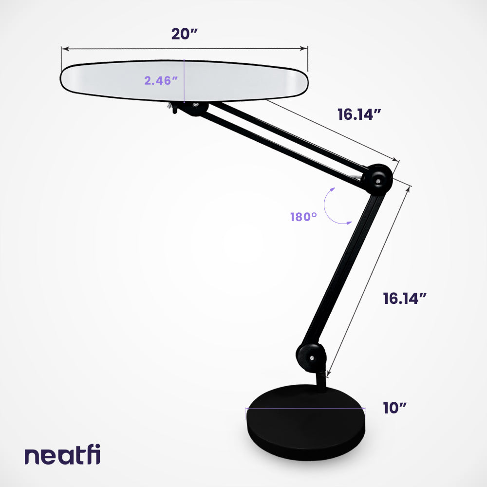 20” Wide Shade XL LED Desk Lamp with Base – 2,200 Lumens, Dimmable, Adjustable for Home, Office, Crafts, Nails & Hobbies – Black
