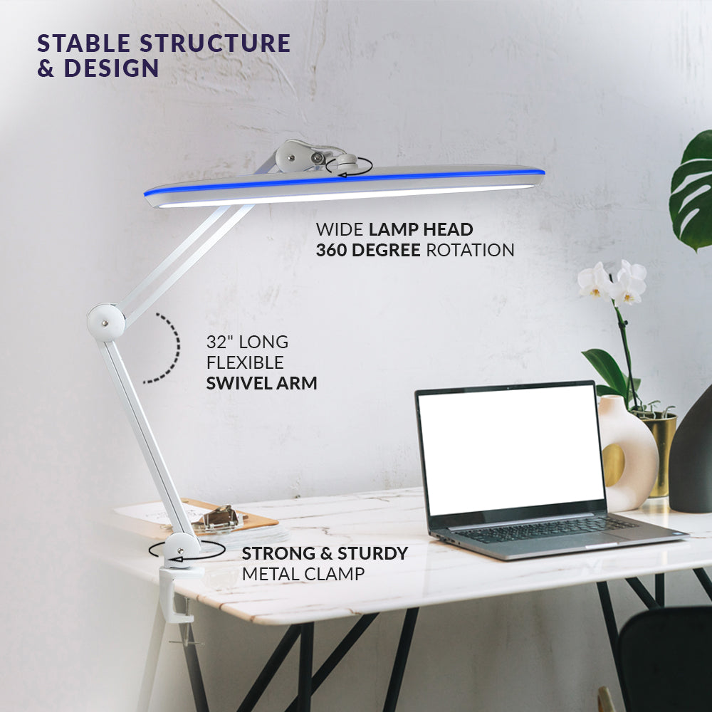 23” Wide Shade XL LED Desk Lamp with Clamp – 2,200 Lumens, Dimmable, Adjustable for Home, Office, Crafts, Nails & Hobbies – White
