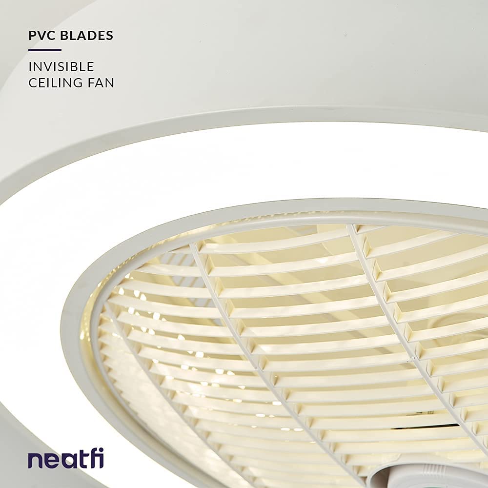 20-Inch Modern Bladeless Ceiling Fans with Lights & Remote Control, 7-PVC Blades, 3-Speed, Flush Mounted Ceiling Fan with 3 Adjustable LED Light Colors for Bedroom, Dining & Living Room - White