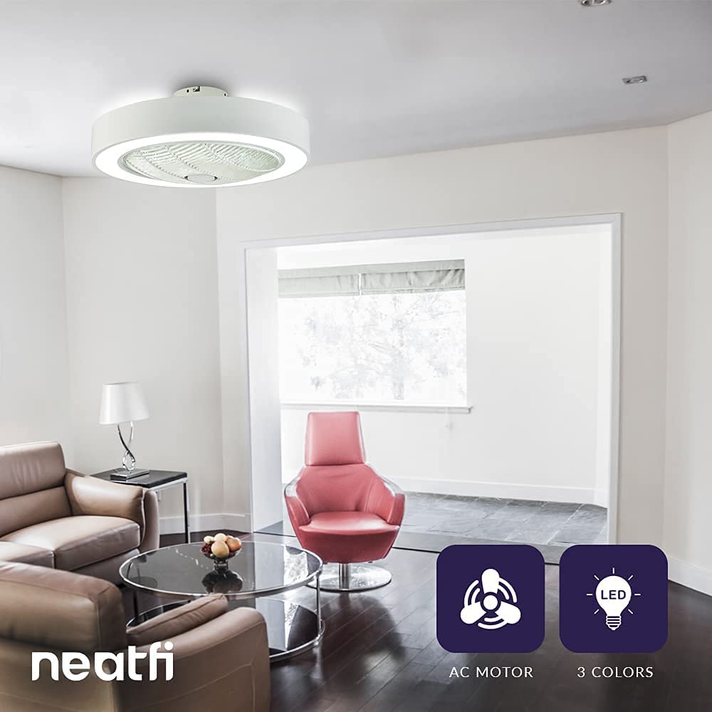 20-Inch Modern Bladeless Ceiling Fans with Lights & Remote Control, 7-PVC Blades, 3-Speed, Flush Mounted Ceiling Fan with 3 Adjustable LED Light Colors for Bedroom, Dining & Living Room - White