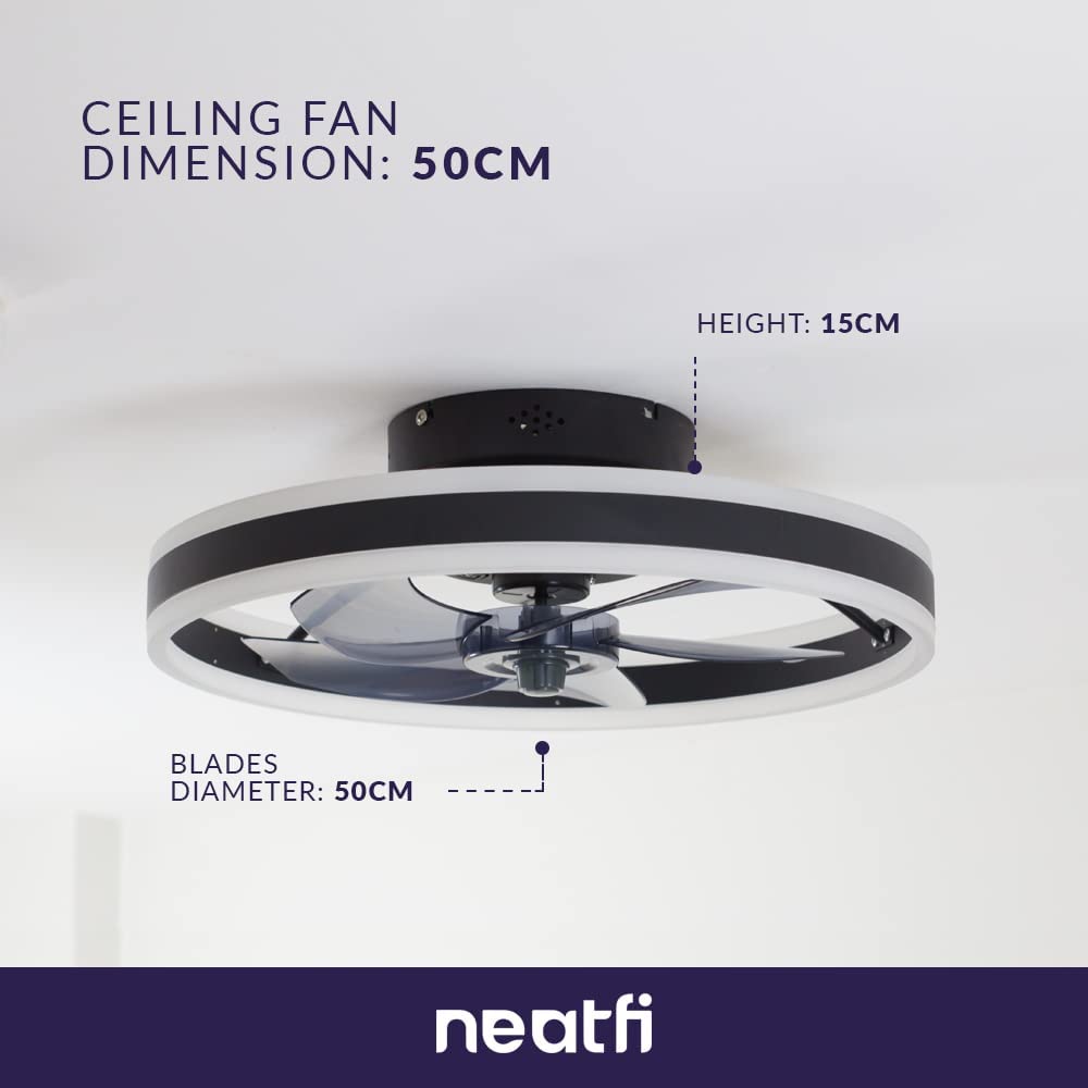 50CM Ceiling Fan with LED Light, 6 Speed Remote Control, 3 Changeable Light Colors, Flush Mount - Black