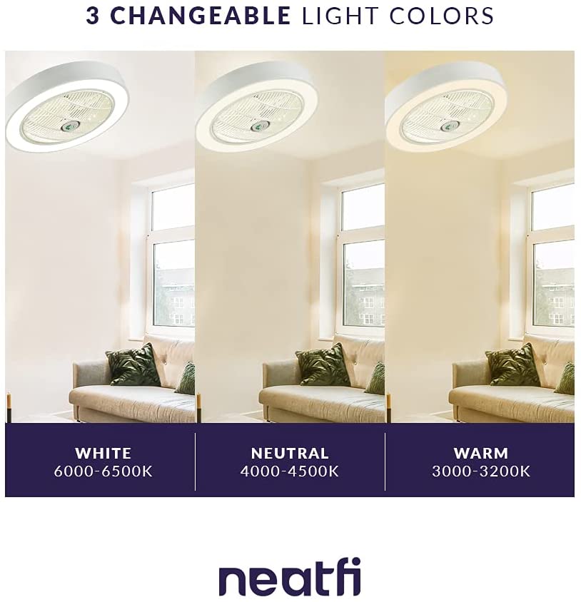 20-Inch Modern Bladeless Ceiling Fans with Lights & Remote Control, 7-PVC Blades, 3-Speed, Flush Mounted Ceiling Fan with 3 Adjustable LED Light Colors for Bedroom, Dining & Living Room - White