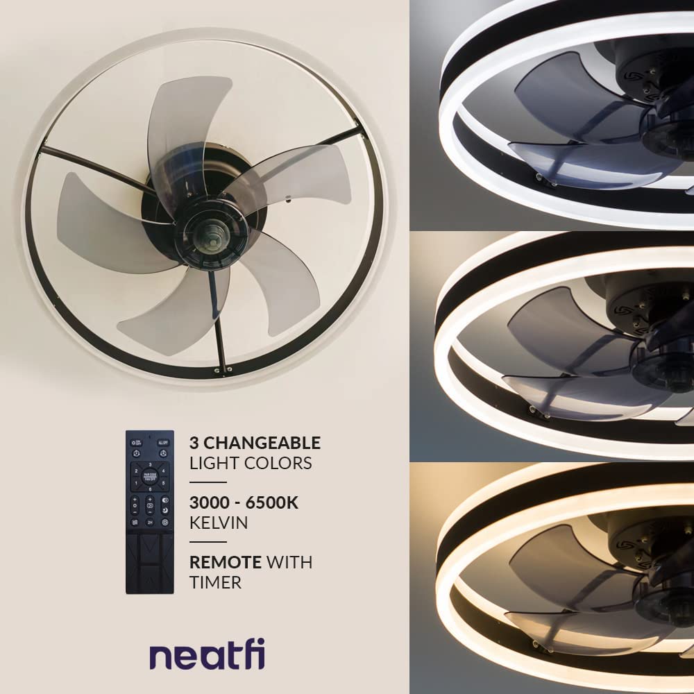 50CM Ceiling Fan with LED Light, 6 Speed Remote Control, 3 Changeable Light Colors, Flush Mount - Black