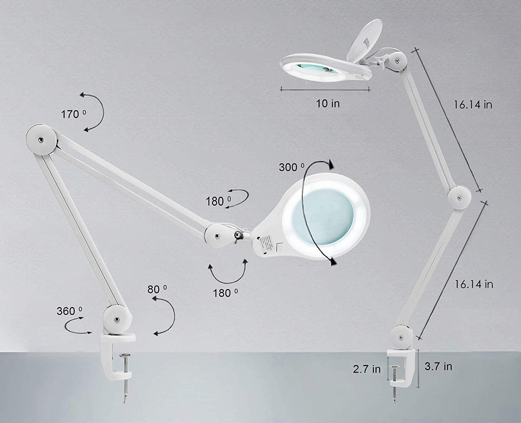 5" Diameter Lens 5 Diopter 1,200 Lumens Super LED Magnifying Lamp with Clamp for Reading, Sewing, Crafting  - White