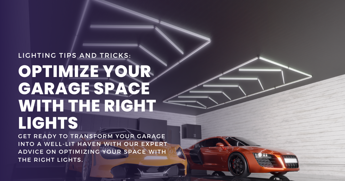 Modern garage interior with sleek geometric LED ceiling lights above two sports cars, showing bright lighting ideas for a stylish and functional garage space.