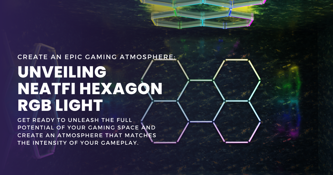 Neatfi RGB hexagon ceiling lights in a dark gaming room, creating a colorful futuristic ambiance for immersive gaming setups.