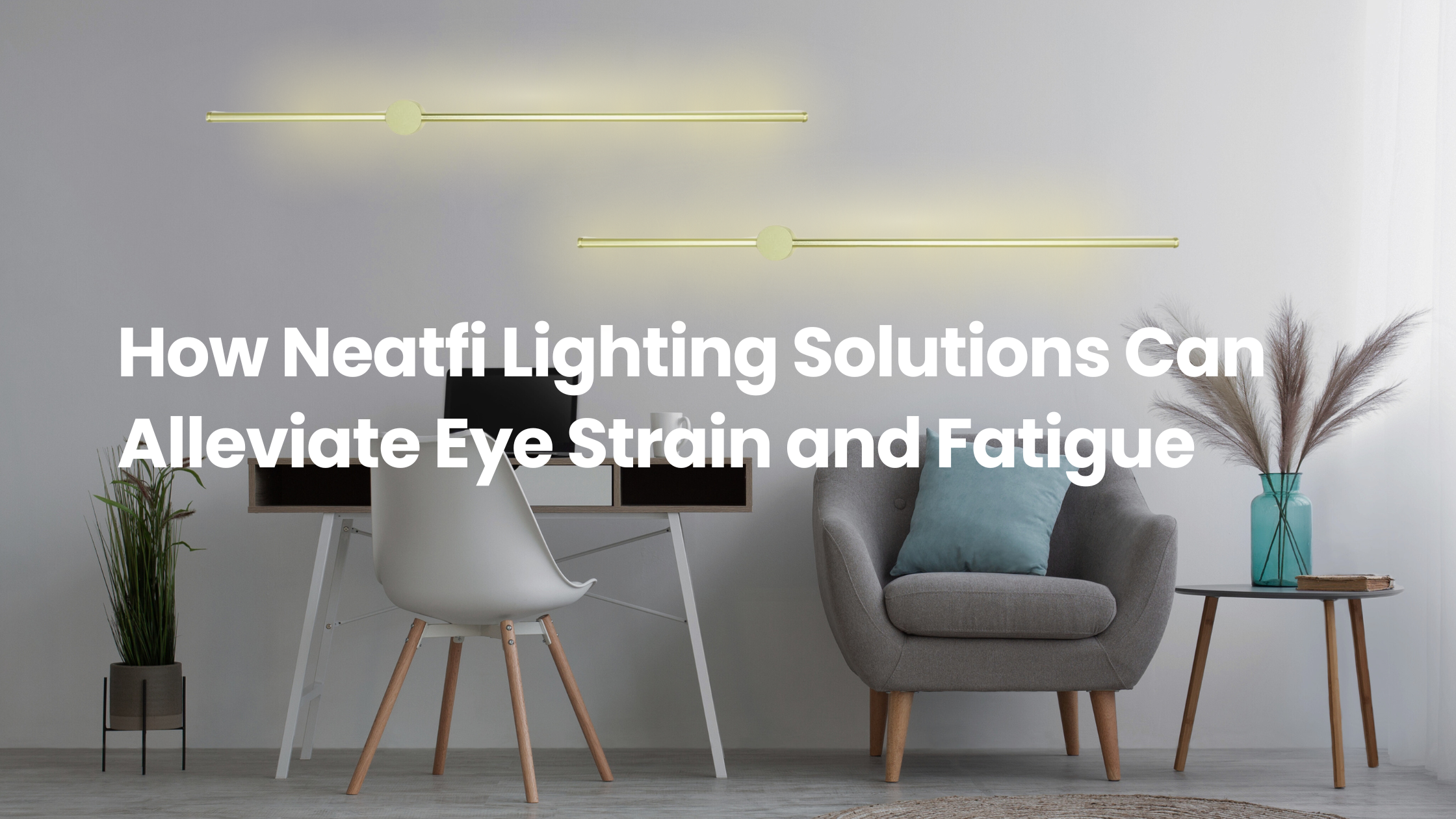 Minimalist home office with soft wall lighting, desk, monitor, and cozy seating, illustrating how proper lighting helps reduce eye strain and visual fatigue.