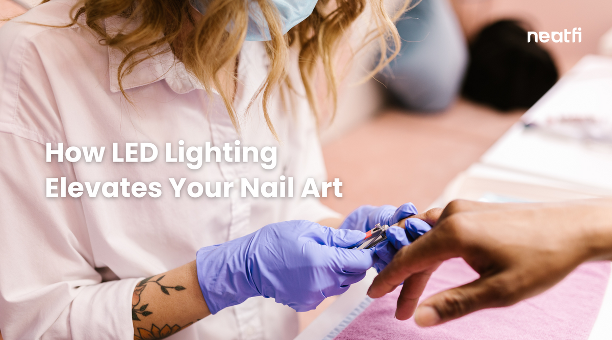 Nail technician providing nail care service with precise LED lighting, highlighting how quality lighting improves visibility, detail, and nail art results.