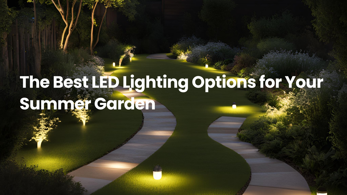 Curved garden pathways illuminated by warm LED landscape lights and spotlights, showcasing the best outdoor lighting options for a beautiful summer garden.