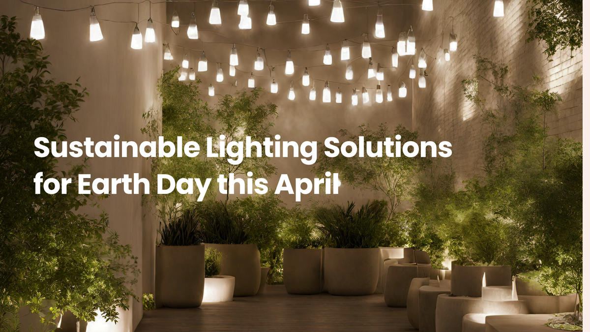 Elegant outdoor courtyard with hanging lights, lush greenery, and warm ambient illumination, showcasing sustainable lighting ideas for Earth Day and eco-friendly outdoor spaces.