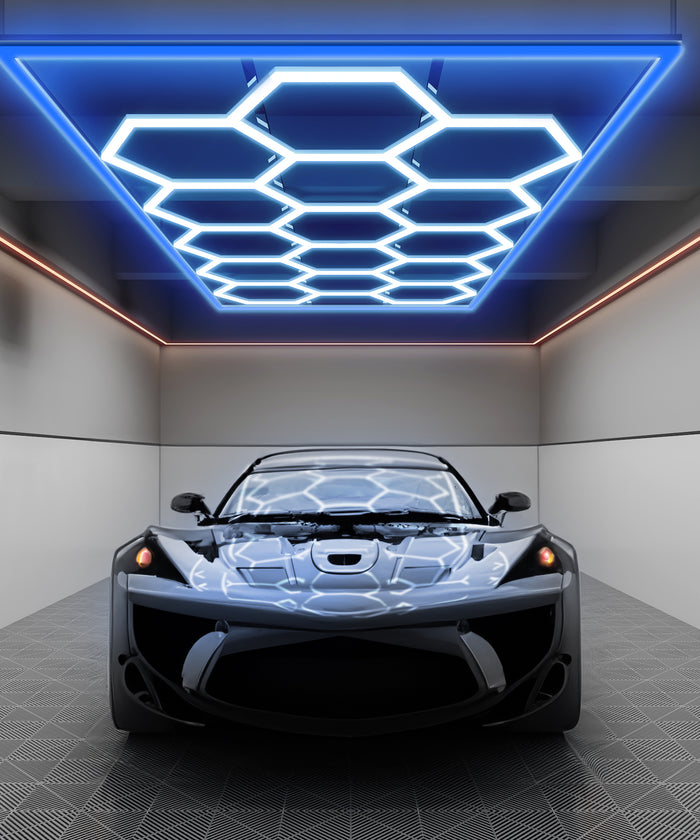 15 Hexagon Grids LED Car Garage Light with 3 Power Cables - Blue