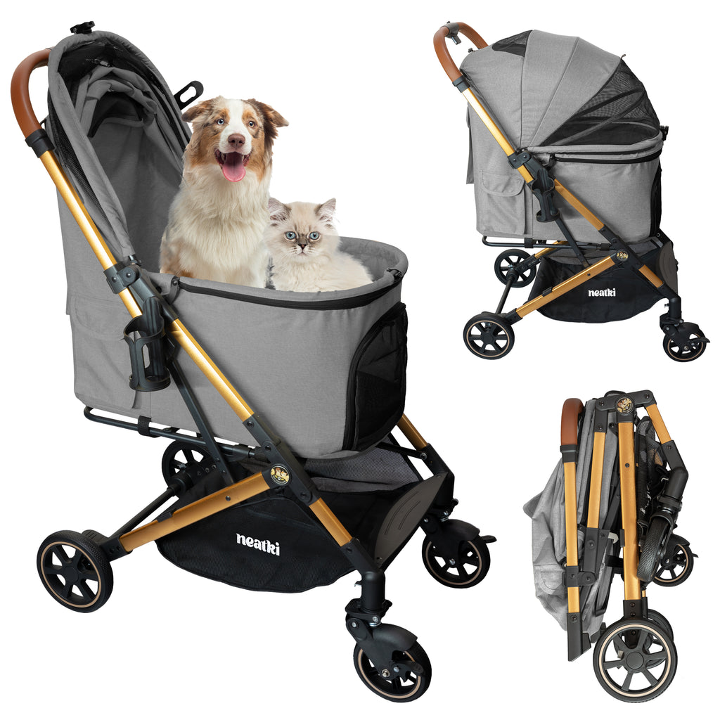 Cochecito plegable para mascotas (perros y gatos), capacidad de 15 kg, ruedas delanteras giratorias 360°, plegado con un solo clic, sistema de freno, correas y ganchos de seguridad, acolchado extraíble y lavable, y portavasos (gris)