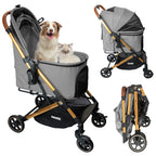 Cochecito plegable para mascotas (perros y gatos), capacidad de 15 kg, ruedas delanteras giratorias 360°, plegado con un solo clic, sistema de freno, correas y ganchos de seguridad, acolchado extraíble y lavable, y portavasos (gris)