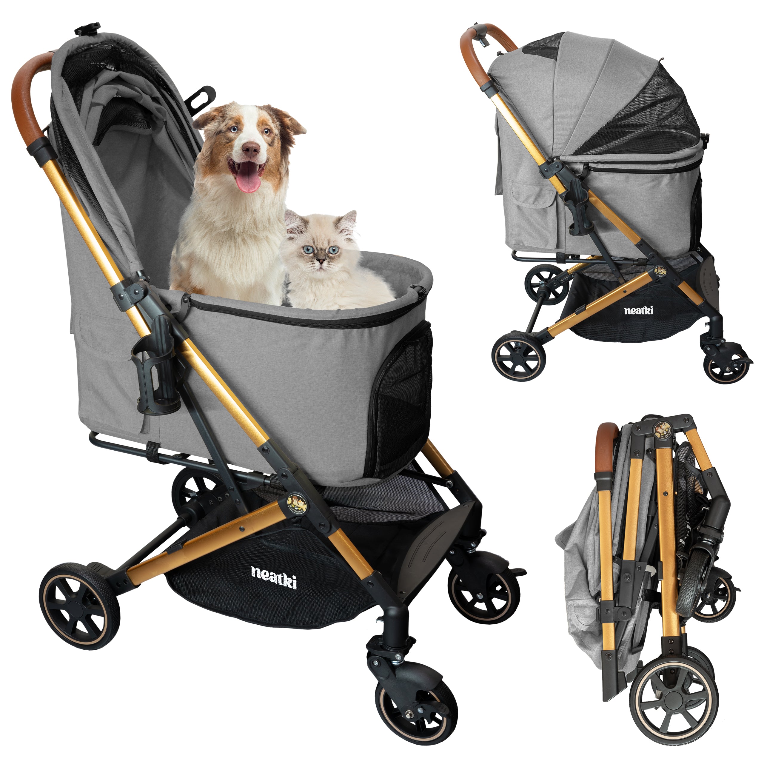 Cochecito plegable para mascotas (perros y gatos), capacidad de 15 kg, ruedas delanteras giratorias 360°, plegado con un solo clic, sistema de freno, correas y ganchos de seguridad, acolchado extraíble y lavable, y portavasos (gris)