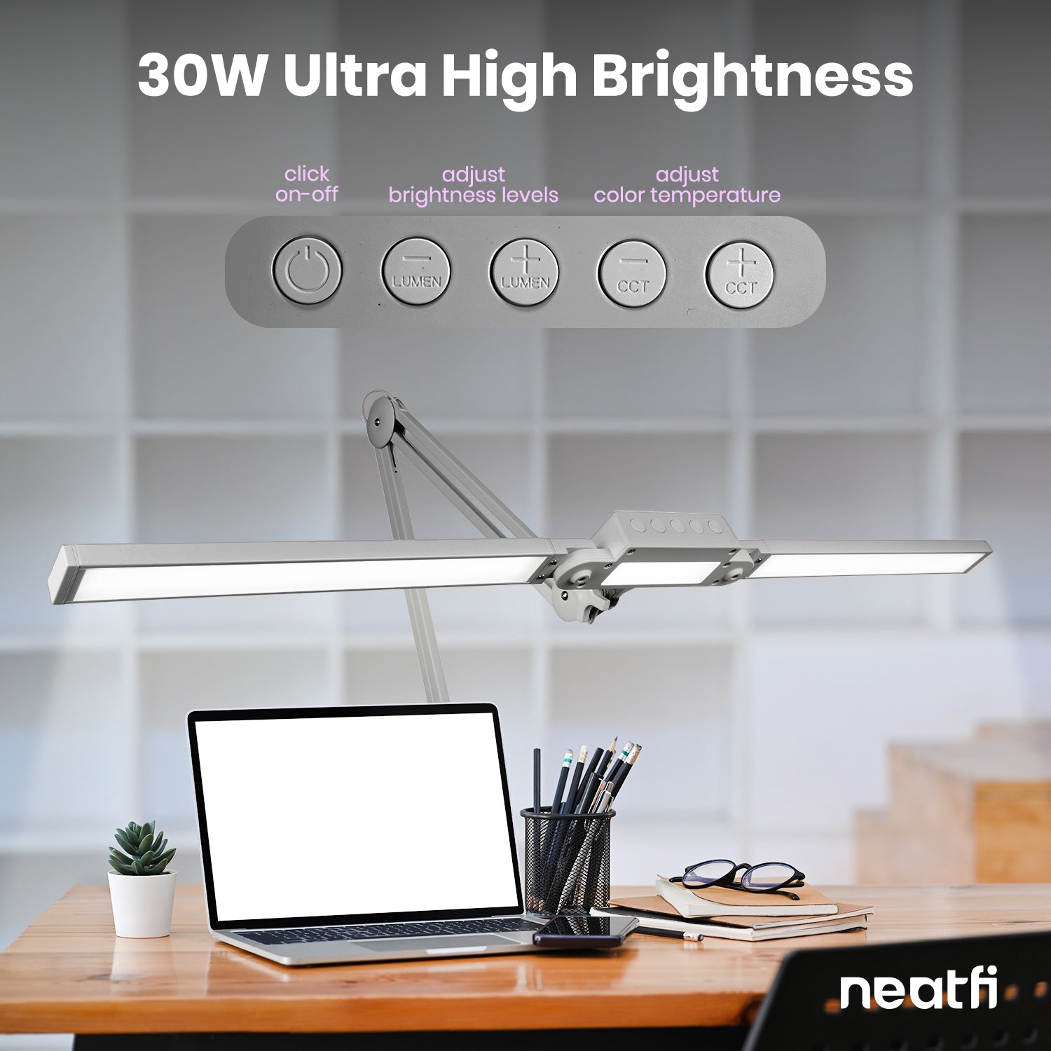 Lámpara de escritorio LED de 41” de ancho y 3000 lúmenes con abrazadera – CRI 95, 3 modos de color, luz de trabajo regulable, plata