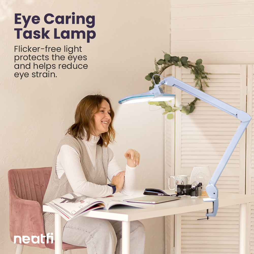 17” Wide Shade Elite LED Desk Lamp with Clamp – 3 Light Modes, Non-polar Dimming, Blue Ring