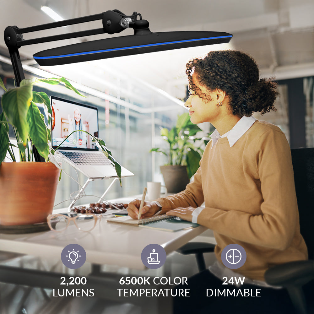 23" Wide Shade XL 2,200 Lumens LED Desk Lamp with Base, 4 Light Levels, Adjustable Arm, Dimmable Table Lamp for Home & Office - Black