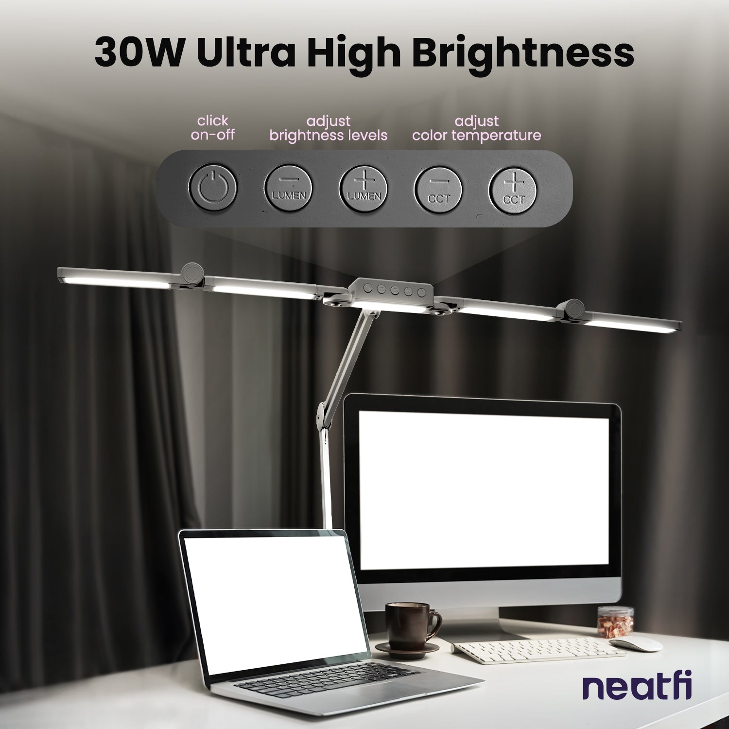 Lámpara de escritorio LED con abrazadera de 44" de ancho, 3000 lúmenes, 3 modos de color, CRI 95, luz de tarea regulable, plateada