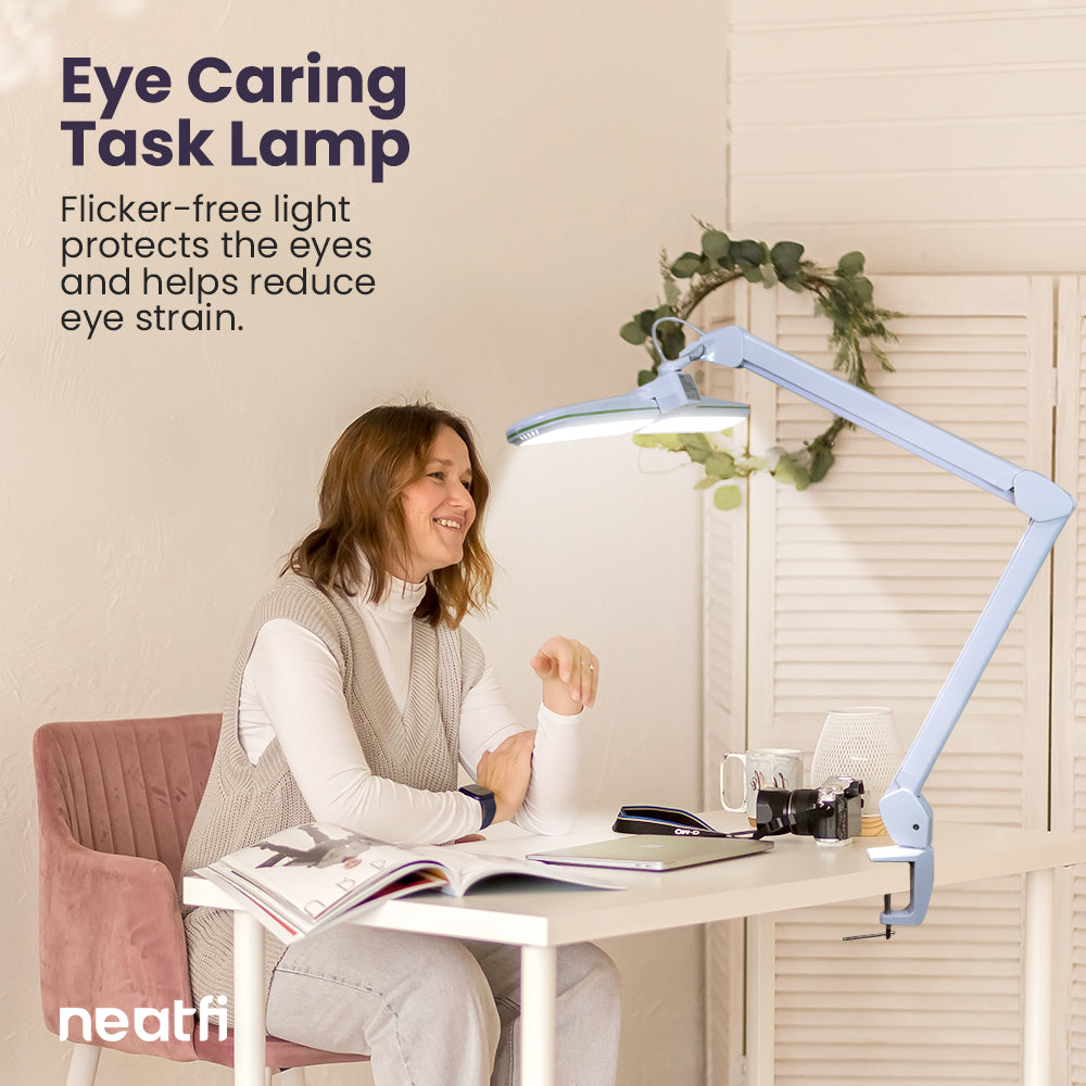 17” Wide Shade Elite LED Desk Lamp with Clamp – 3 Light Modes, Non-polar Dimming, Green Ring