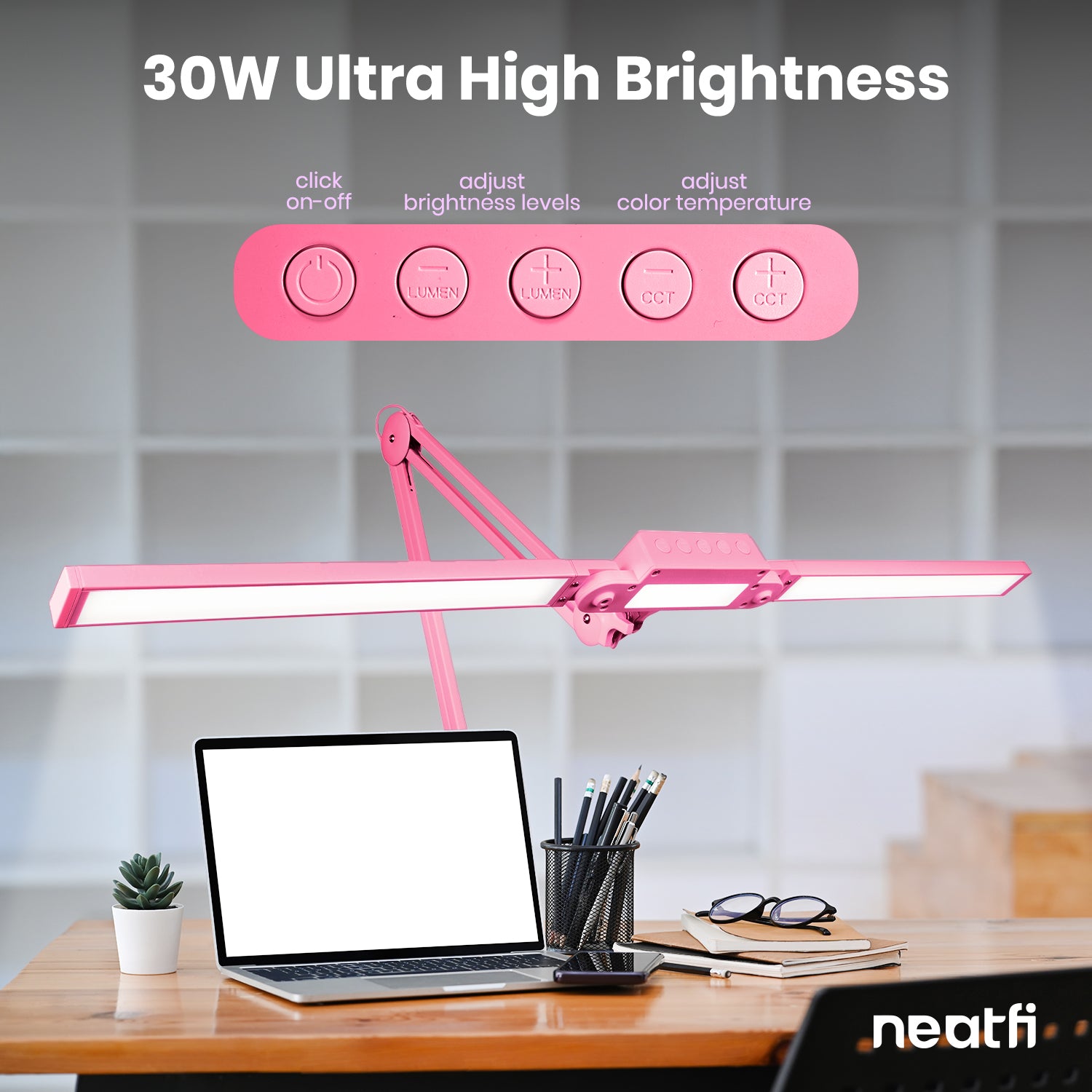 Lámpara de escritorio LED de 41” de ancho y 3000 lúmenes con abrazadera – CRI 95, 3 modos de color, luz de trabajo regulable, rosa