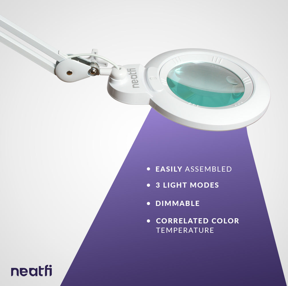 (New Model) Neatfi Bifocals 1,200 Lumens Super LED Magnifying Floor Lamp with Rolling Base, 5 Diopter with 20 Diopter, Dimmable, 5 Inches Diameter