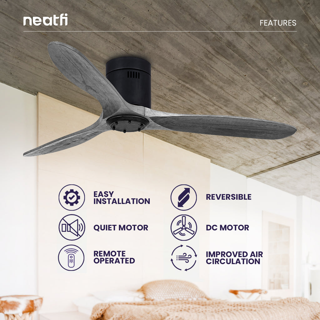 52-inch Solid Ceiling Fan with Remote Control, 3 Solid Wood Blades, Flush Mount - Dark Gray
