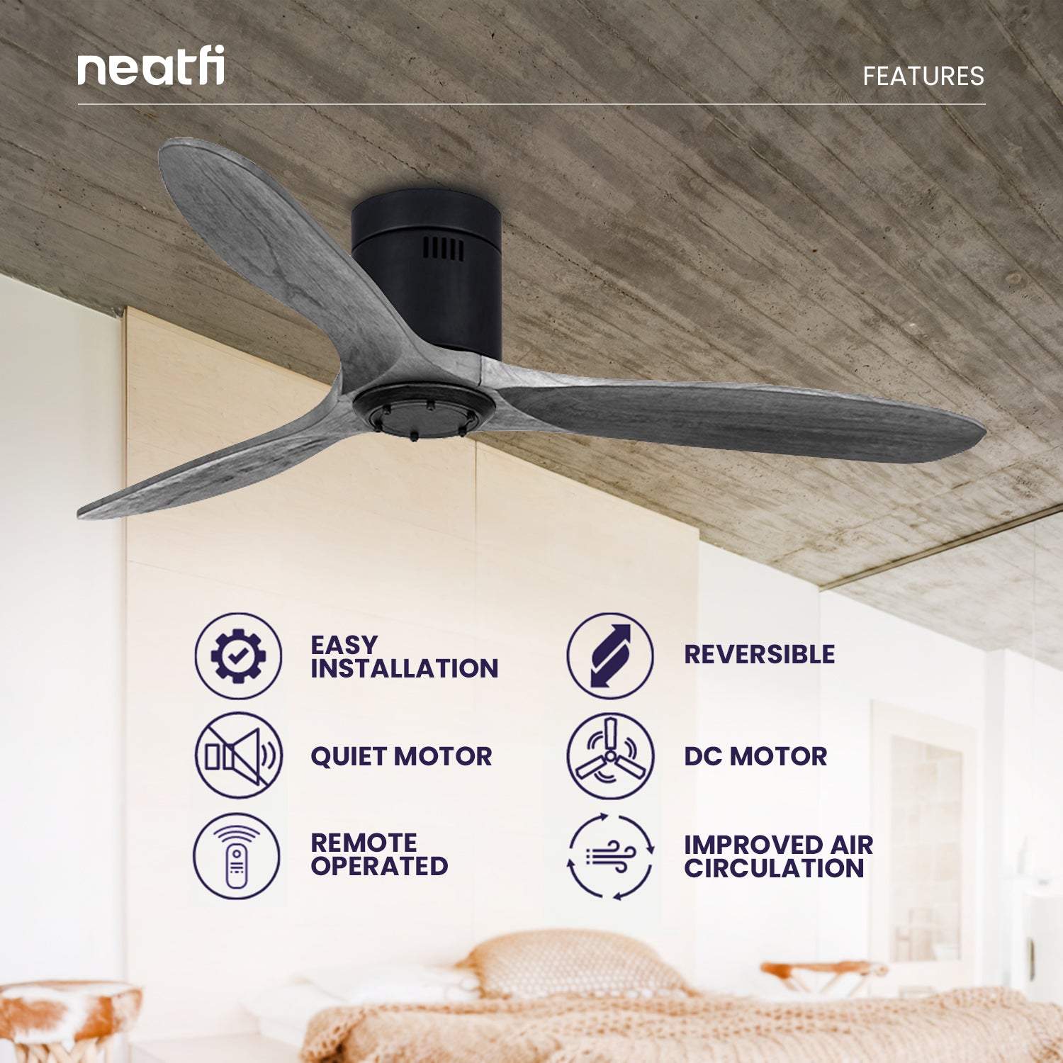52-inch Solid Ceiling Fan with Remote Control, 3 Solid Wood Blades, Flush Mount - Dark Gray