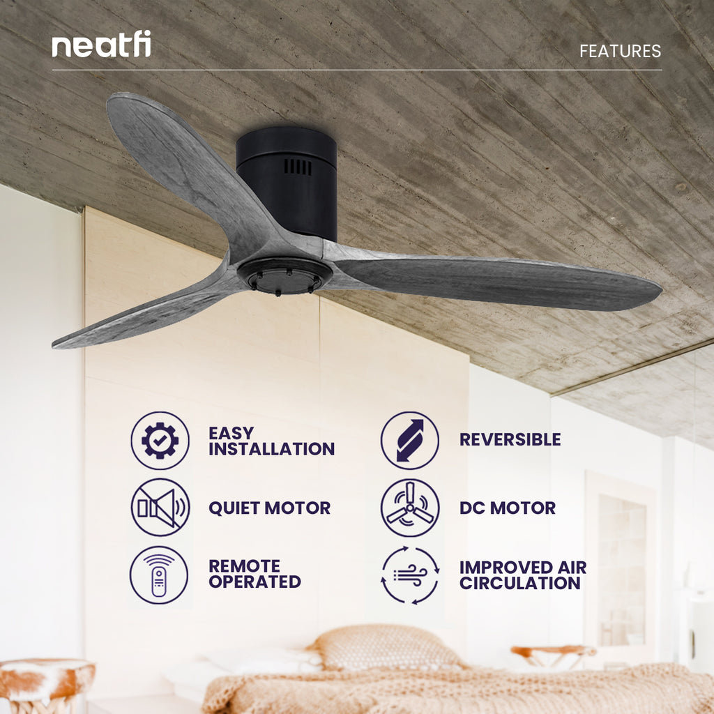 52-Inch Solid Ceiling Fan with Remote Control, 3 Solid Wood Blades, Flush Mount - Dark Gray