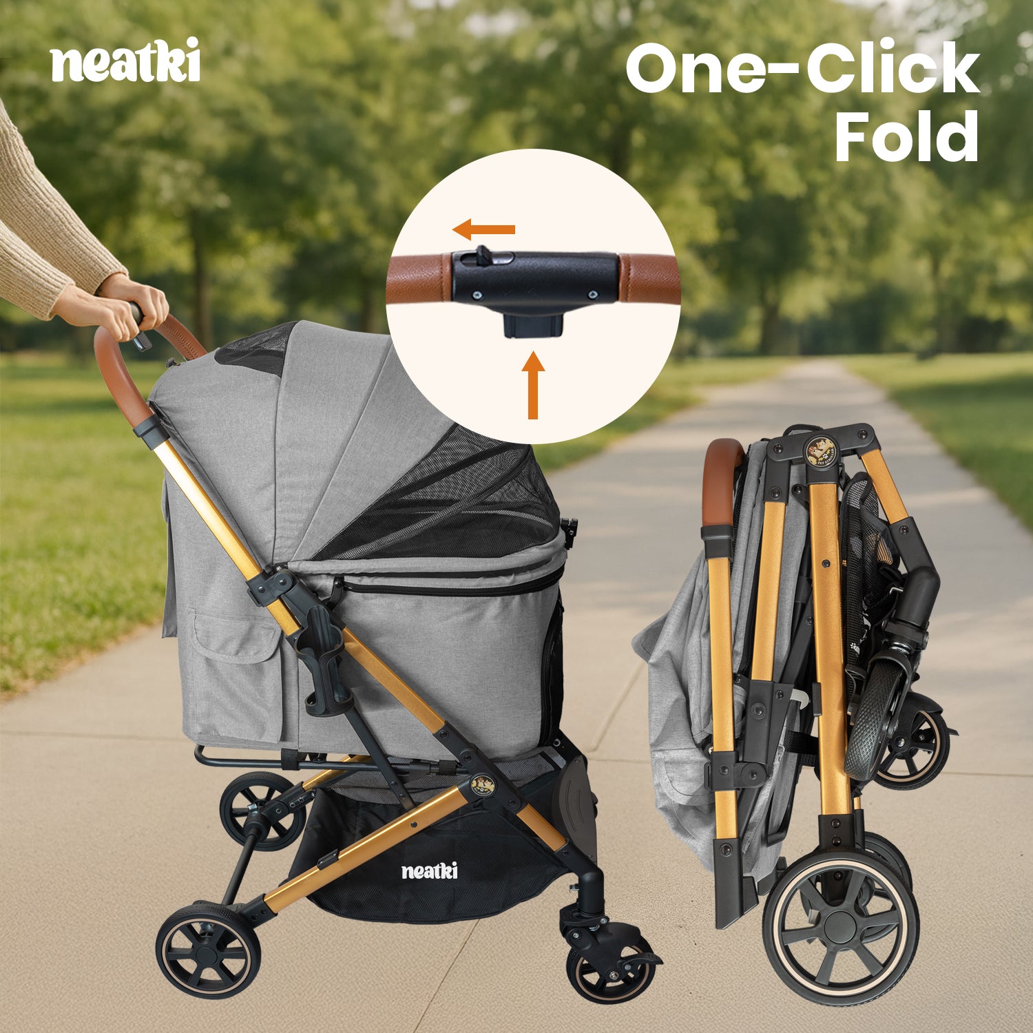 Cochecito plegable para mascotas (perros y gatos), capacidad de 15 kg, ruedas delanteras giratorias 360°, plegado con un solo clic, sistema de freno, correas y ganchos de seguridad, acolchado extraíble y lavable, y portavasos (gris)