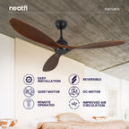 52" Ceiling Fan No Light – 3 Solid Wood Blades, Downrod, Bedroom & Living Room, Dark Wood