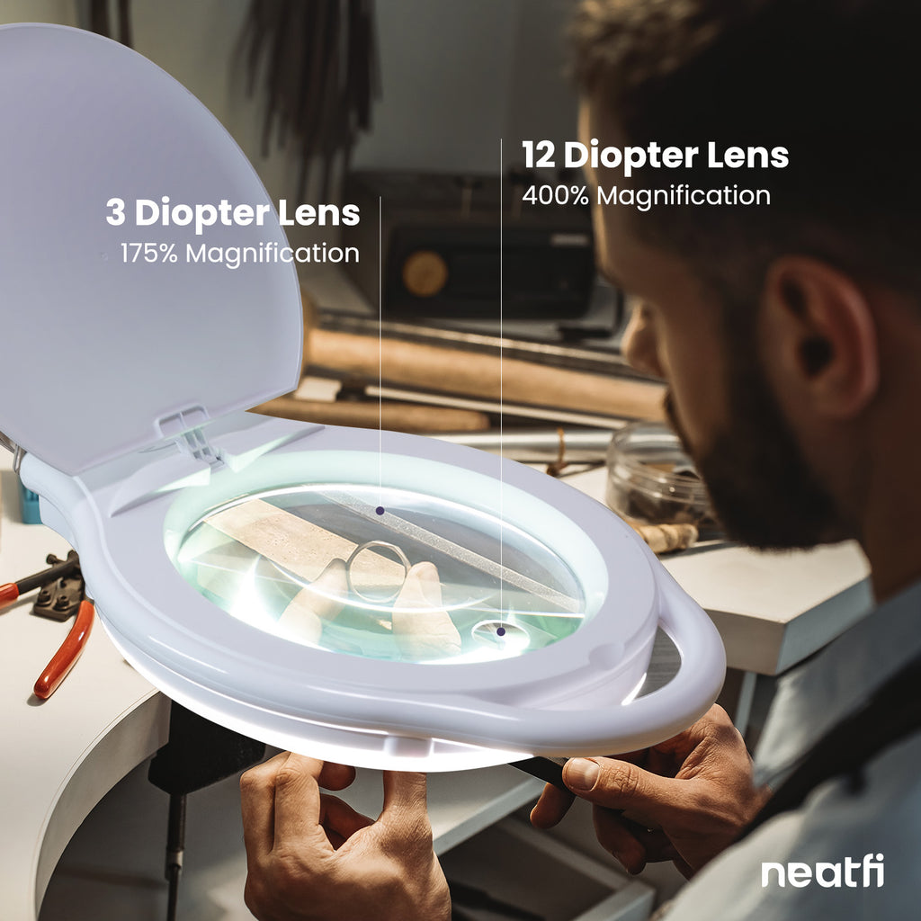 7" Wide Glass Lens Elite Super LED Magnifying Lamp with Clamp, 3 Diopter & 12 Diopter, 3 Light Modes - White