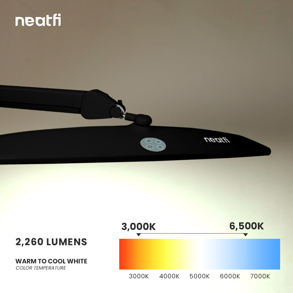 Neatfi Elite HD XL Task Lamp - 1600 Lumens, 84 LED, 6500K Daylight, Clamp Desk Lamp With Dimmer (58cm White)