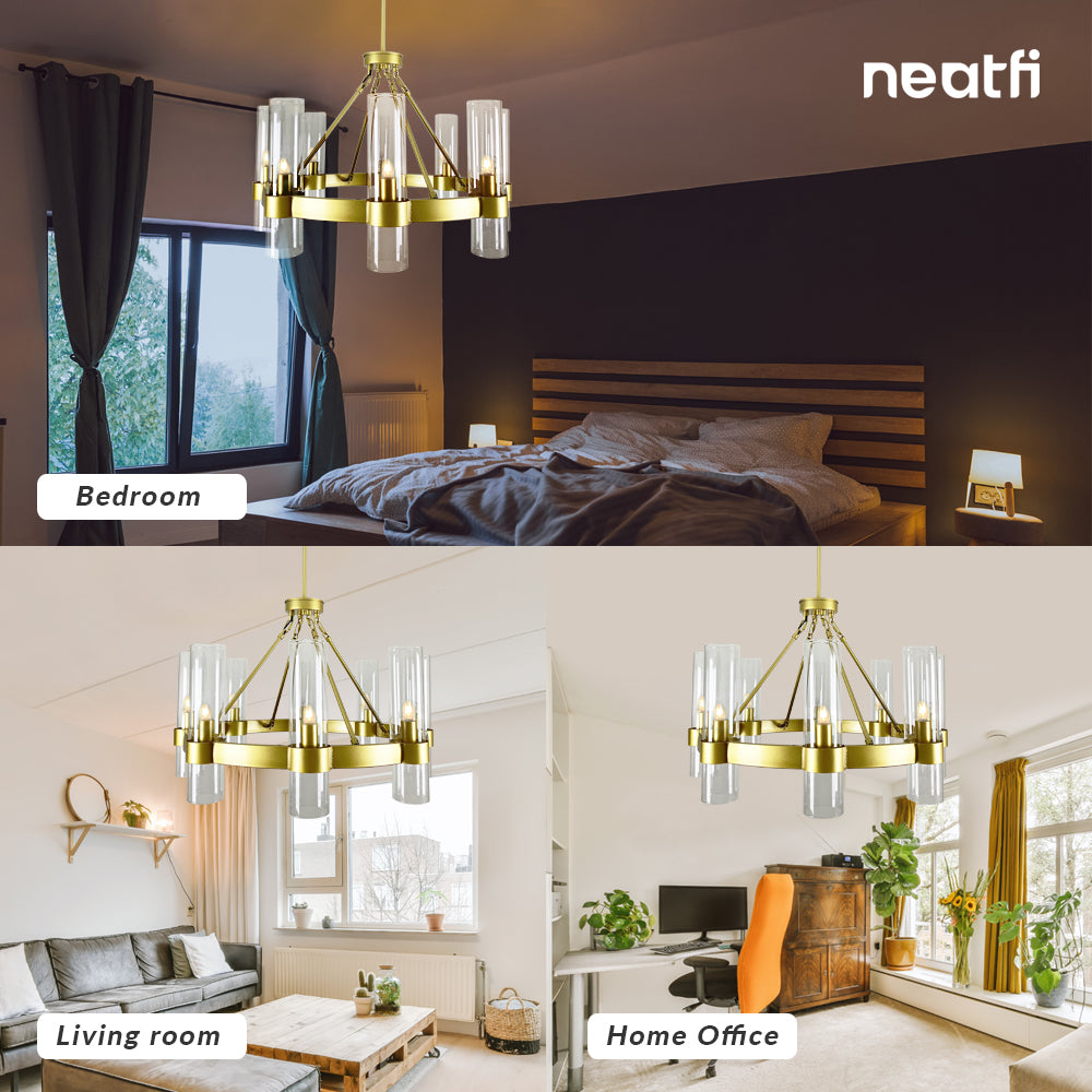 8-Light Wagon Wheel Chandelier, Dimmable, Gold