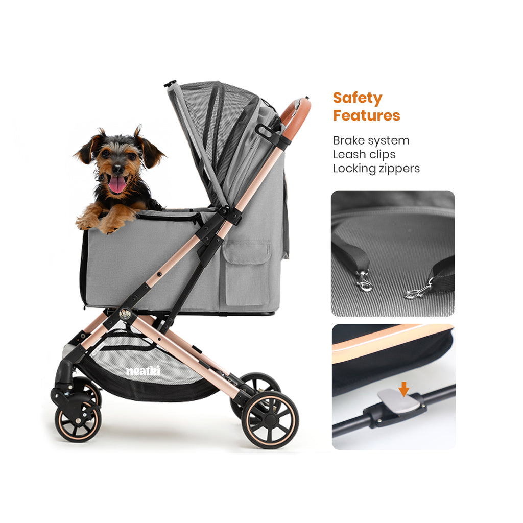 Foldable Pet Stroller for Dogs and Cats, 33 lbs Capacity, 360° Swivel Front Wheels, One-Click Fold, Brake System, Leash &amp; Lock Clips, Removable Washable Padding, and Cup Holder (Gray)