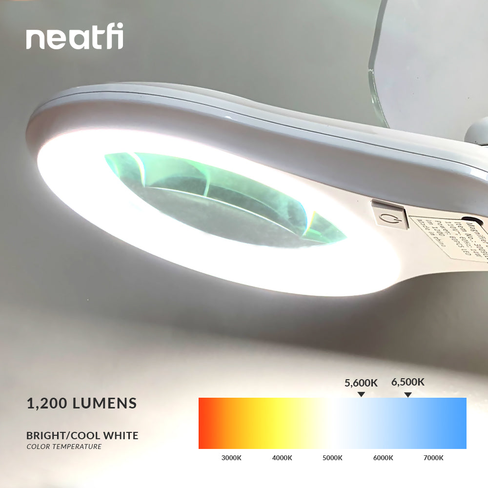 Neatfi 1,200 Lumens Super LED Magnifying Lamp with Clamp, 5D, Dimmable, Includes Microfiber Cleaning Cloth, 60 SMD LEDs, 5 inch Diameter Lens for