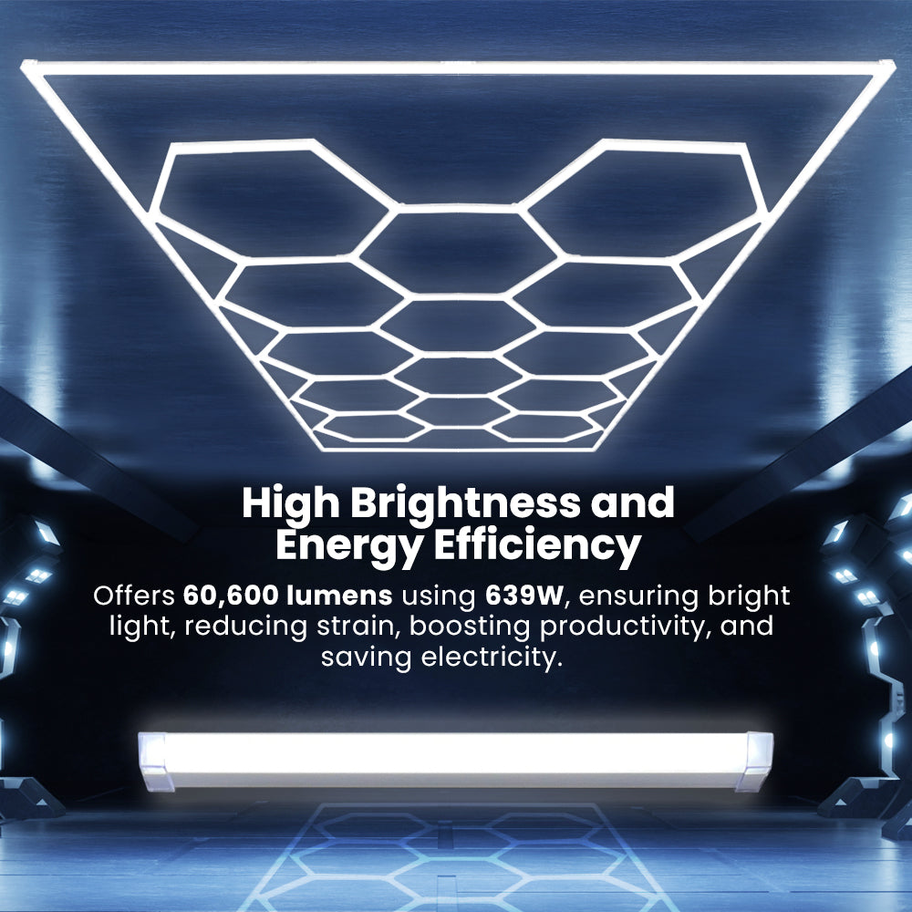 Plafonnier LED ultra lumineux 15 grilles hexagonales 60 720 lumens pour garages, salons de coiffure et salles de sport, lumière blanche froide