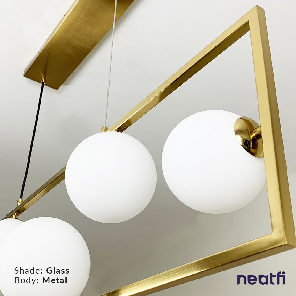 5 Light Glass Globe Rectangular Chandelier - Gold