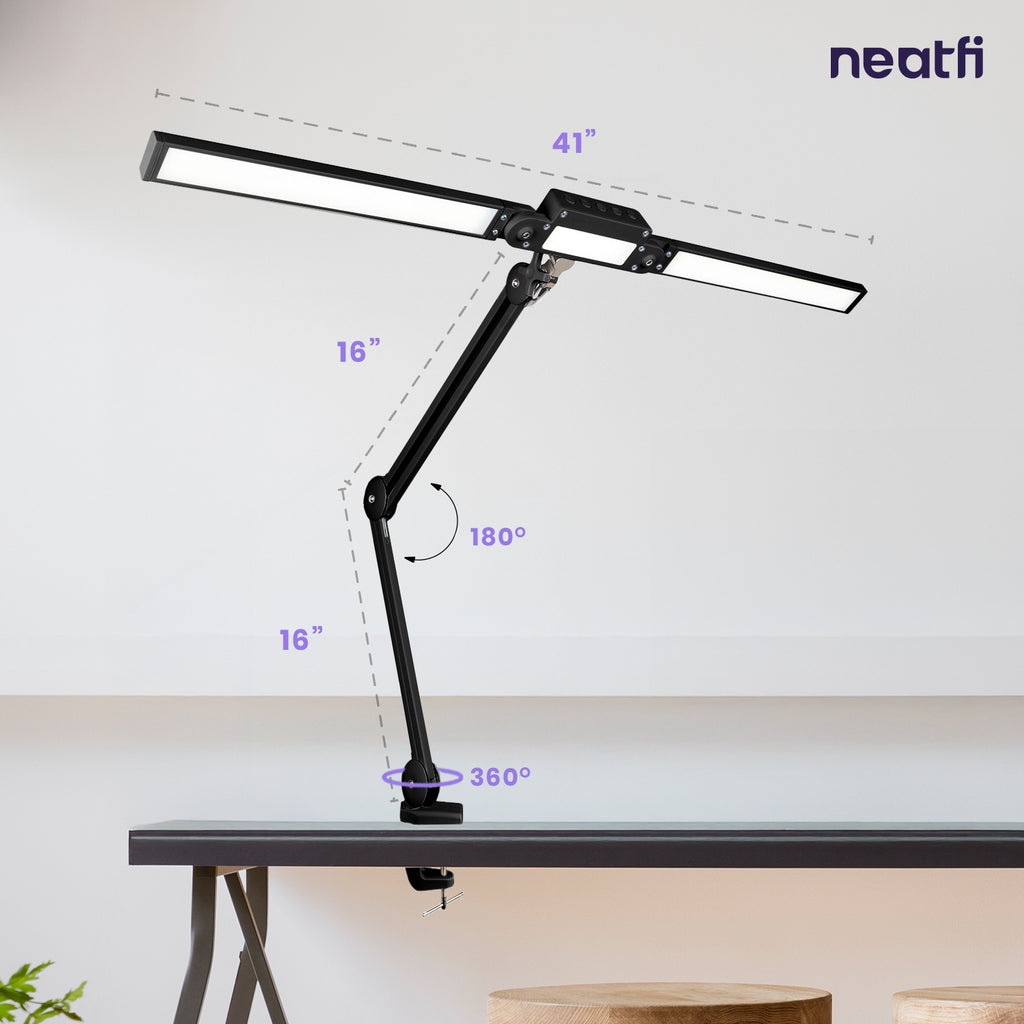 41” Wide Shade, 3000 Lumens LED Desk Lamp with Clamp – CRI 95, 3 Color Modes, Dimmable Task Light, Black