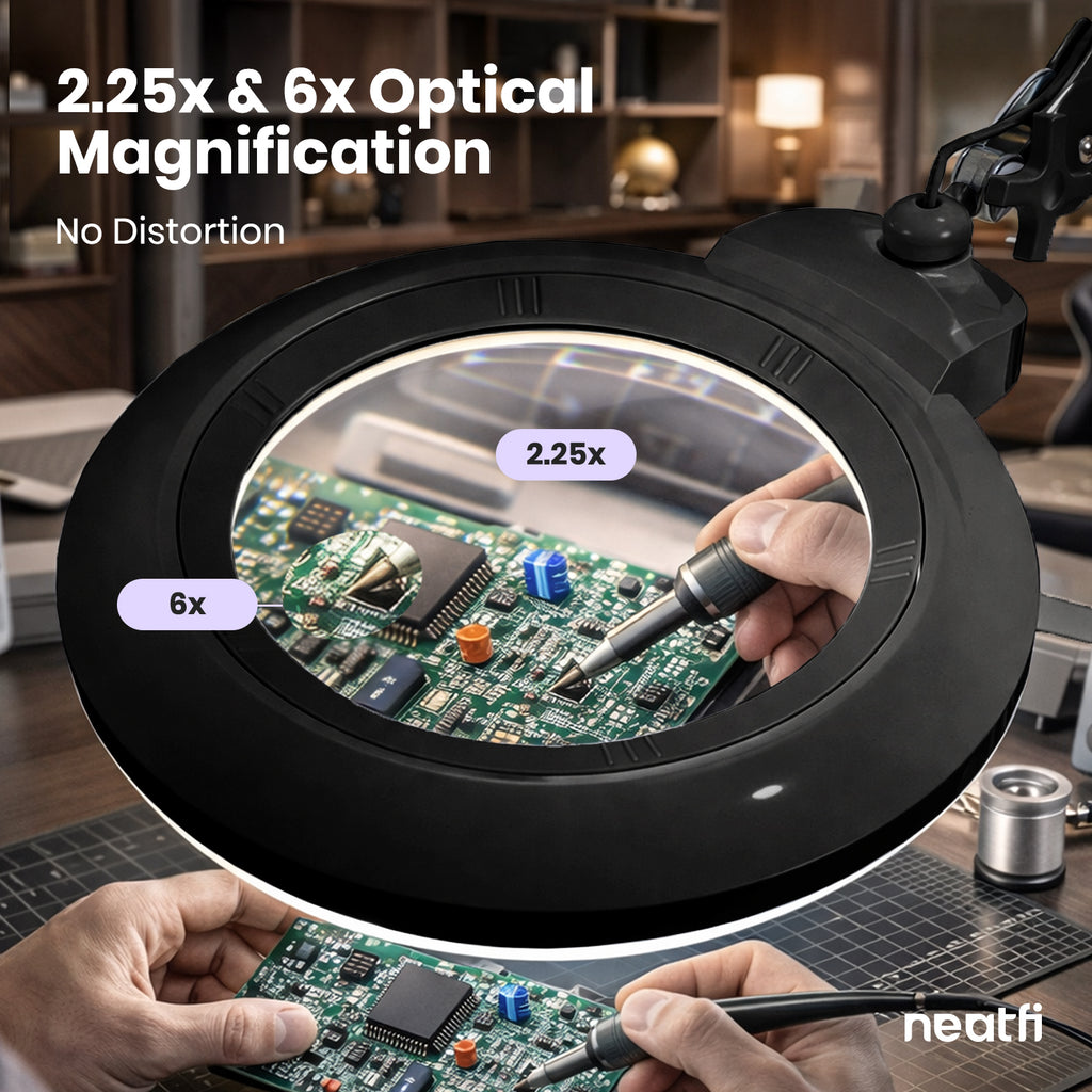 7" Wide Bifocal Lens – 3 Light Modes, 1600 Lumens LED Magnifier Lamp for Detail Works, Black