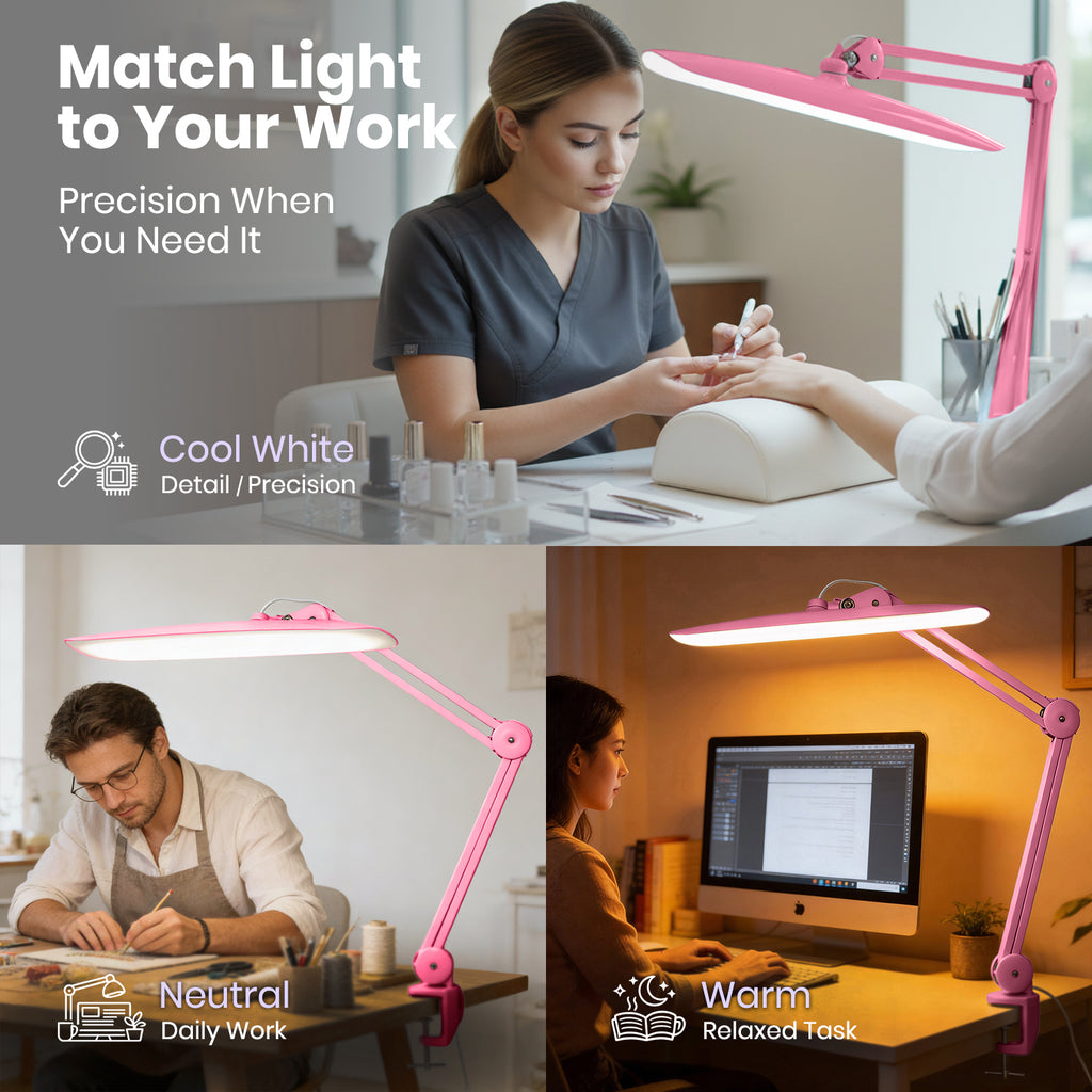 2200 Lumens LED Desk Lamp with Clamp – 20” Wide Shade, 3 Light Modes, Dimmable Task Light, Pink